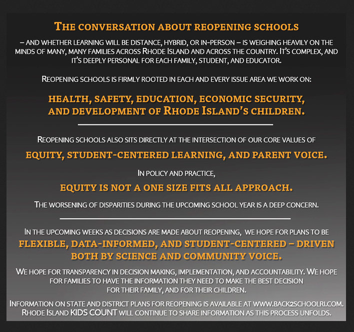 Rhode Island Kids Count tweeted out its thoughts about "The conversation about reopening schools" on Aug. 1, providing important context to how the decision will get made and who will participate in the decision making.
